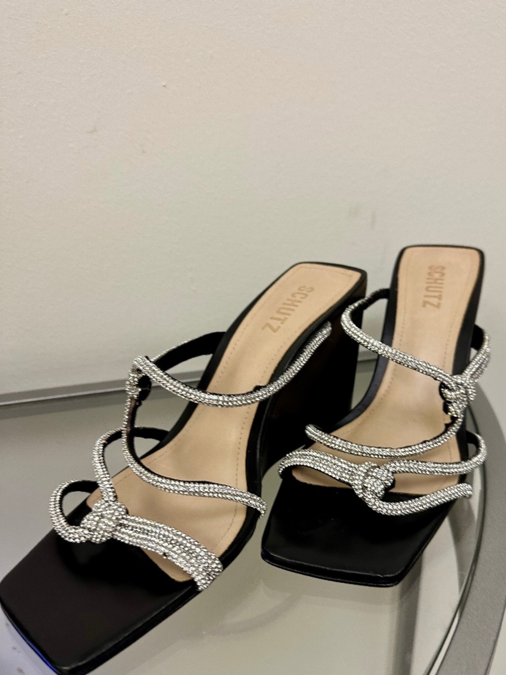 Schutz black wedge sandals with silver rhinestone straps, size US 9.5 #wedges #r